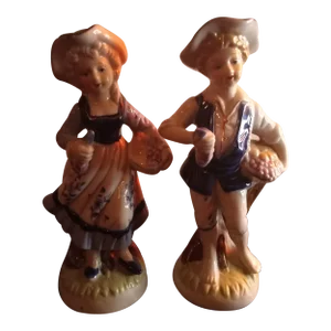 1970s Blue & White Porcelain Boy & Girl Figurines- Set of 2