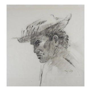 Vintage Mid Century Finis Collins Man in Straw Hat Portrait Drawing For Sale