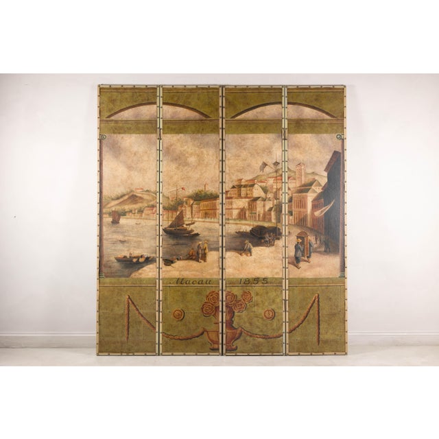 This impressive four-panel screen depicts a romanticized view of Macau Harbor in 1855, drawing inspiration from historical...