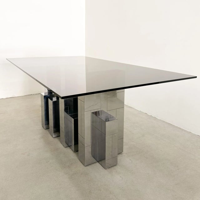 1970s Vintage MCM Paul Evans Cityscape Dining Table – Gunmetal Base, Smoke Glass Top, 1970s For Sale - Image 5 of 12