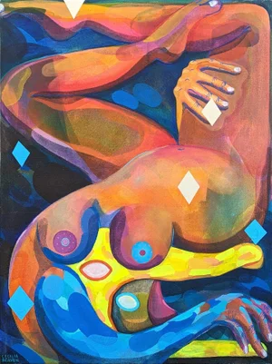 2021 Contemporary Abstract Orange and Blue Toned Biomorphic Alligator Figure Painting by Cecilia Beaven