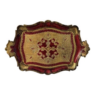 Vintage Ornate Italian Burgundy & Gold Florentine Tray For Sale