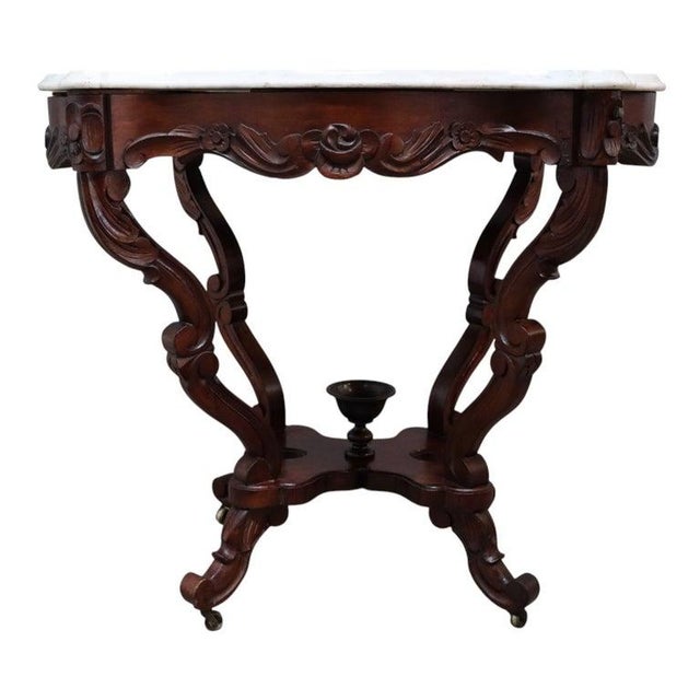 Brown Oversized Antique Rococo Revival Floral Carved Walnut Marble Turtle Top Table For Sale - Image 8 of 10