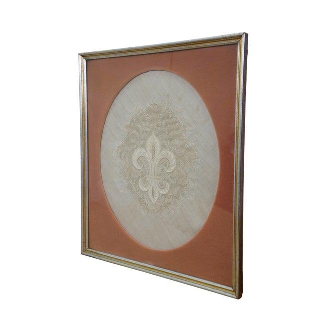 French Antique French Framed White Linen & Lace Fleur De Lis Embroidered Textile For Sale - Image 3 of 11