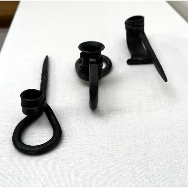 Vintage Brutalist Hand-Forged Iron Candle Taper Holders, Set of Three For Sale - Image 9 of 12