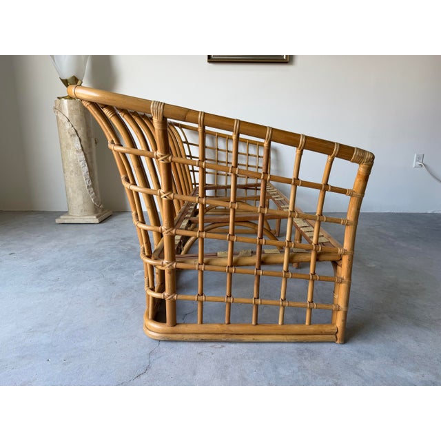 Vintage Ficks Reed Style Bamboo Rattan Sofa With Floral Print Upholstery/ Sold For Sale In Miami - Image 6 of 12