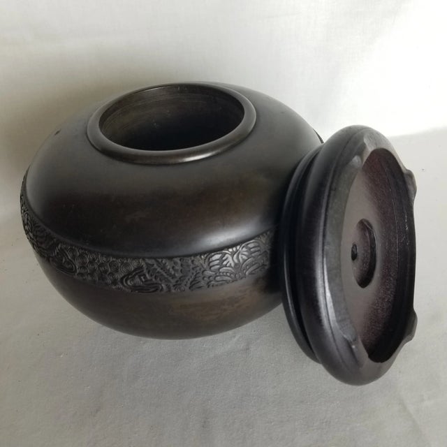 1940s Bronze Vessel With Floral Details and Wooden Base For Sale - Image 4 of 7