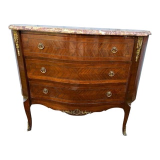 French Louis XV Ormolu Mounded Mahogany Marble Top Serpentine Commode For Sale