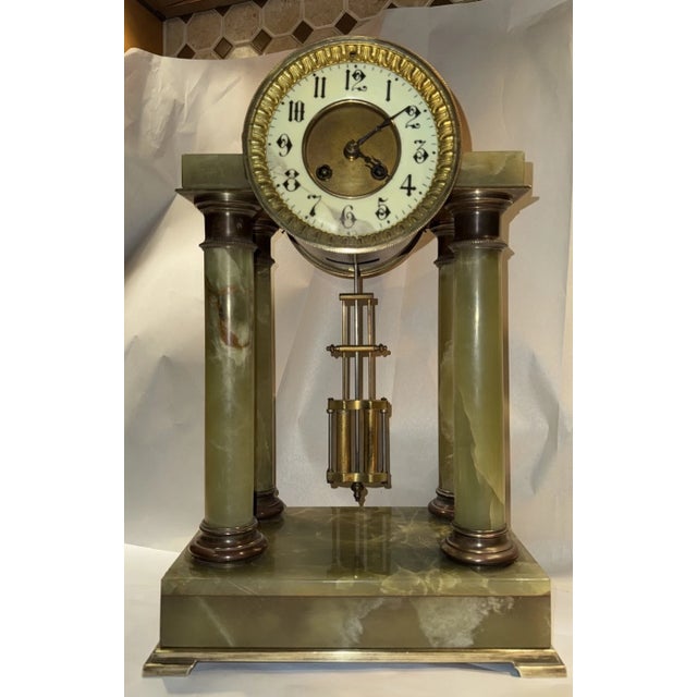 19th Century French Green Onyx Portico Mantel Clock For Sale - Image 4 of 10