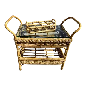 Coastal Michael Taylor Style Woven Rattan Bar Cart W/Drink Holder