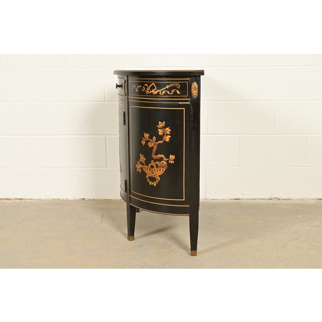 Imperial Furniture Grand Rapids French Regency Chinoiserie Black Lacquered Hand Painted Demilune Cabinet, Circa 1940s For Sale - Image 14 of 16