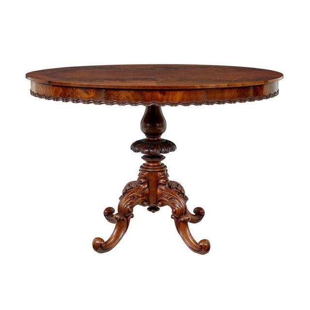 Antique Carved Flame Mahogany Oval Center Table, 1890s For Sale - Image 3 of 9