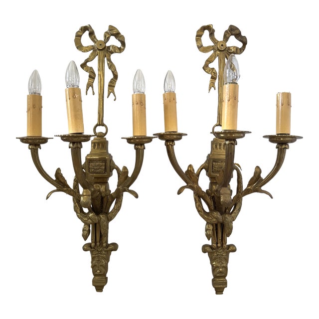 Vintage Mid-Century Louis XIV Solid Brass 3-Arm Wall Sconces W/Ribbons - Pair For Sale