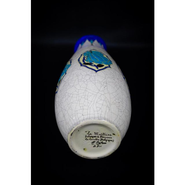 Art Deco Vase in Glazed Crackled Earthenware with Blue Flowers by Maurice Dufrene for Keramis, La Louviere, Belgium, 1920s For Sale - Image 13 of 15
