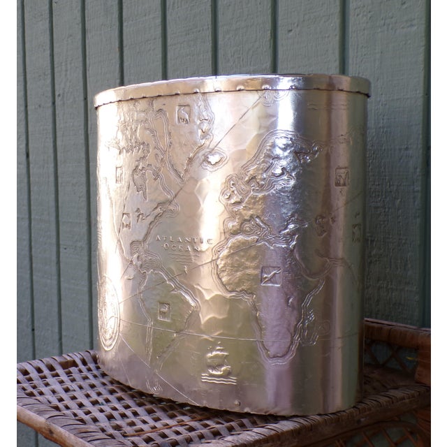 Vintage Arthur Armour Hammered Aluminum Mariners World Map Trash Can Wastebasket For Sale - Image 4 of 13