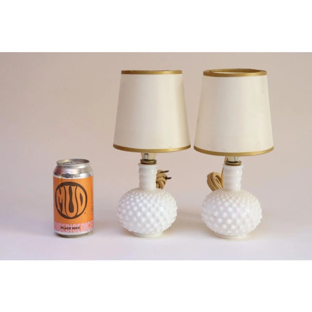 Glass Pair of Petite Mid-Century Modern Hobnail Milk Glass Boudoir Bedside Table Lamps For Sale - Image 7 of 11