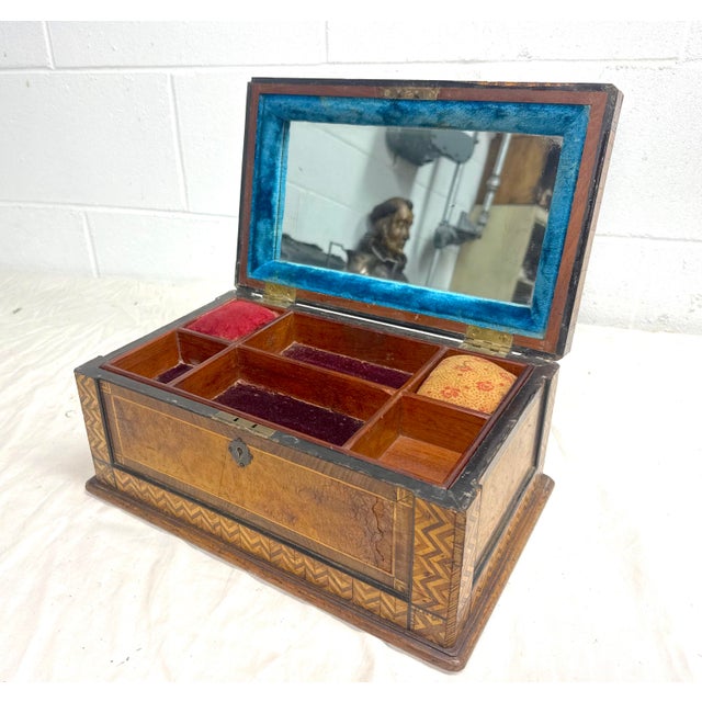 Brown Antique 19th Century Handmade Inlaid Marquetry Parquetry Wood Jewelry Sewing Box For Sale - Image 8 of 17