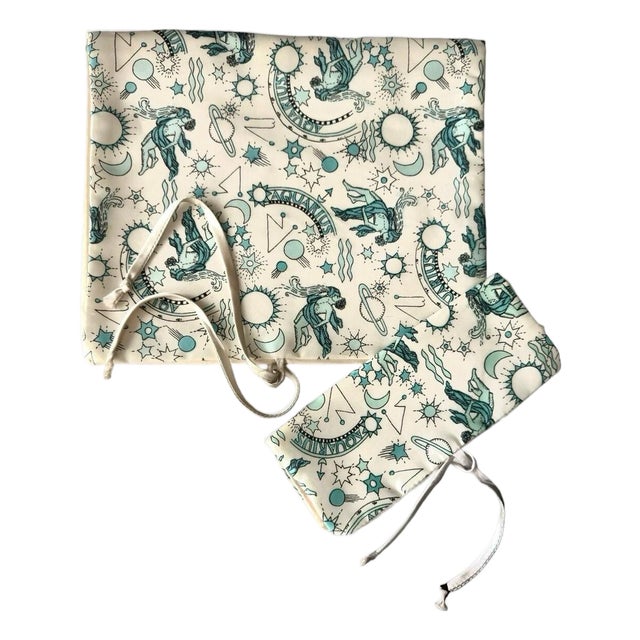 Vintage Astrology Satin Lingerie Bags Set by Andre Richard | Aquarius Zodiac Print with Saturn & Comets | Mid-Century Boudoir Pouches For Sale