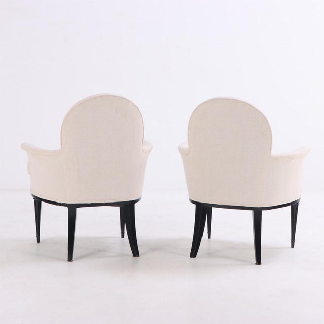 A Pair of Ebonized and Upholstered Armchairs, C. 1950. For Sale - Image 4 of 6