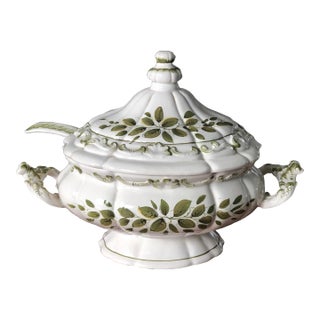 Italian Faience Soup Tureen With Ladle in Green and White Botanical Accents-Signed For Sale