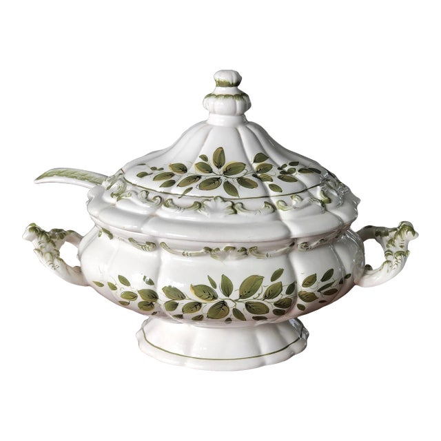 Vintage Italian Ceramic Lidded Soup Tureen With Ladle-Signed For Sale
