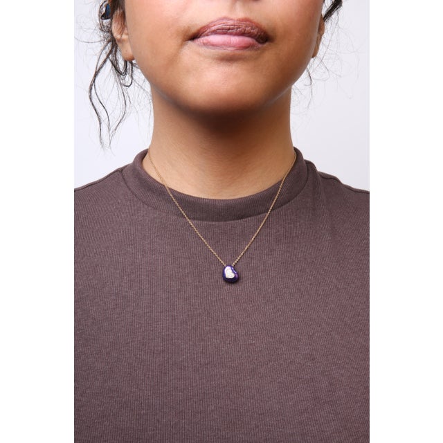 Early 21st Century 18K Yellow Gold Blue Enamel 1/10 Cttw Round Pave Diamonds Heart Shape 18" Pendant Necklace (G-H Color, SI1-SI2 Clarity) - Adjustable up to 16" - 18" For Sale - Image 5 of 6