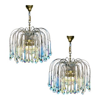 Pair of Blue Iridescent Murano Glass Waterfall Chandeliers For Sale