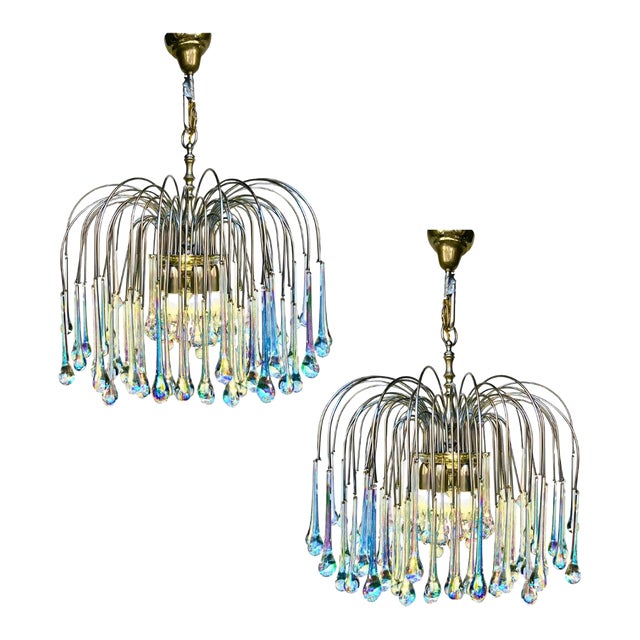 Pair of Blue Iridescent Murano Glass Waterfall Chandeliers For Sale