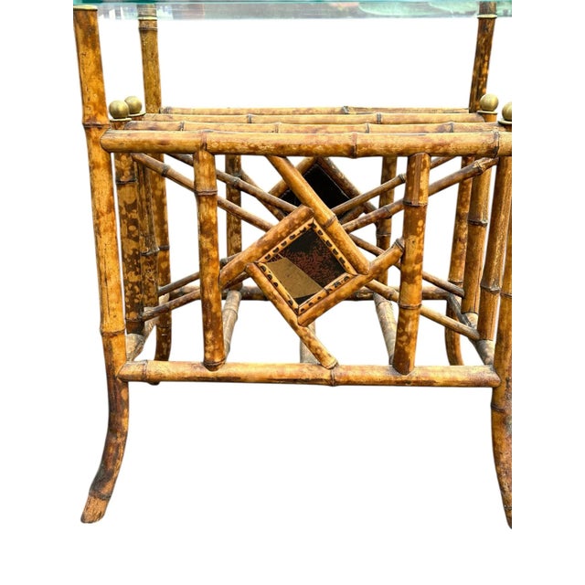 Vintage Scorched Bamboo Glass Top Side Table With Brass Ball and Hand-Painted Details For Sale - Image 10 of 11