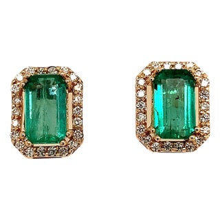 Natural Emerald Diamond Stud Earrings 14k Y Gold 1.85 TCW Certified For Sale