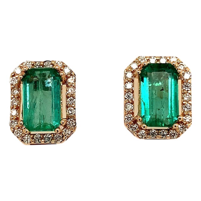 Natural Emerald Diamond Stud Earrings 14k Y Gold 1.85 TCW Certified For Sale