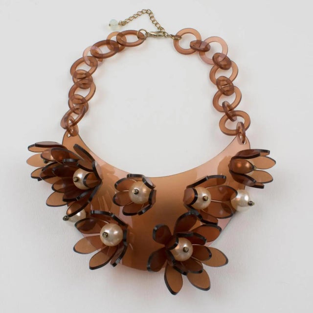 Brown Italian Design Copper Acrylic Bib Necklace Flowers and Pearls For Sale - Image 8 of 13