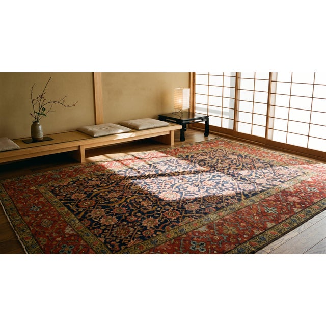 Navy Blue Red Quatrefoil Rosette Herati Pattern in a Navy Blue Ground Antique Persian Joshaghan Rug For Sale - Image 8 of 10
