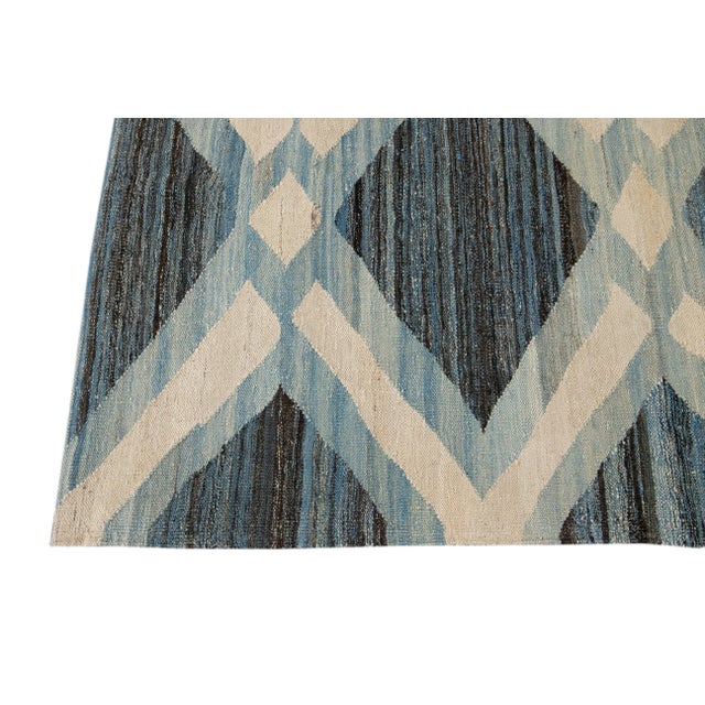 9 X 12 Modern Geometric Flatweave Handmade Blue Wool Rug For Sale - Image 4 of 13