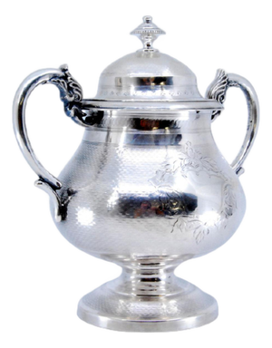 Guilloche Silver Sugar Bowl in with Engravings and Monogram Card, Lid and Handles with Mythological Motifs
