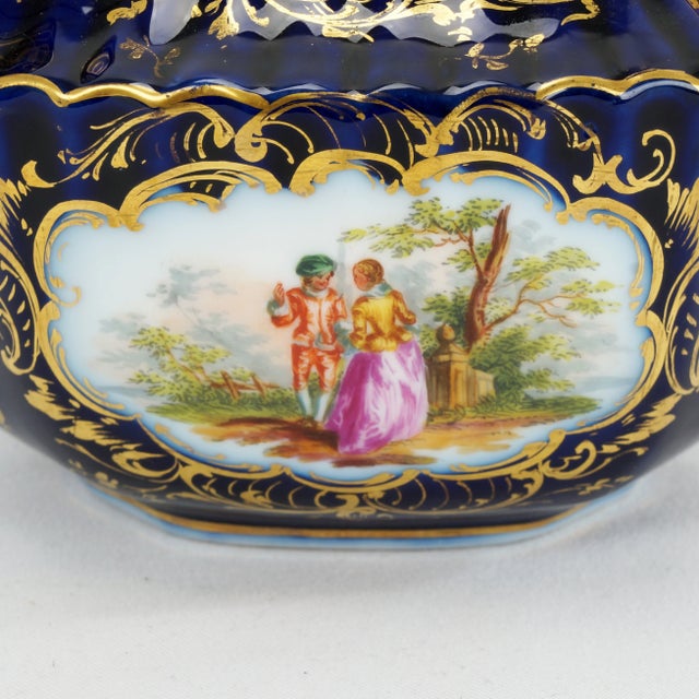 Antique German Richard Klemm Dresden Cobalt Blue Gold Courting Couple Creamer Sugar Set For Sale - Image 11 of 15