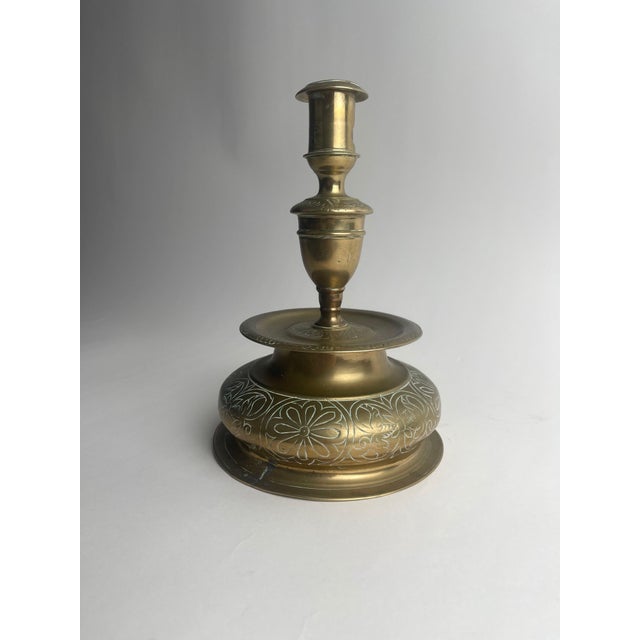 Baroque 17th Century Nuremberg Brass Bell Form Engraved Candlestick For Sale - Image 3 of 11