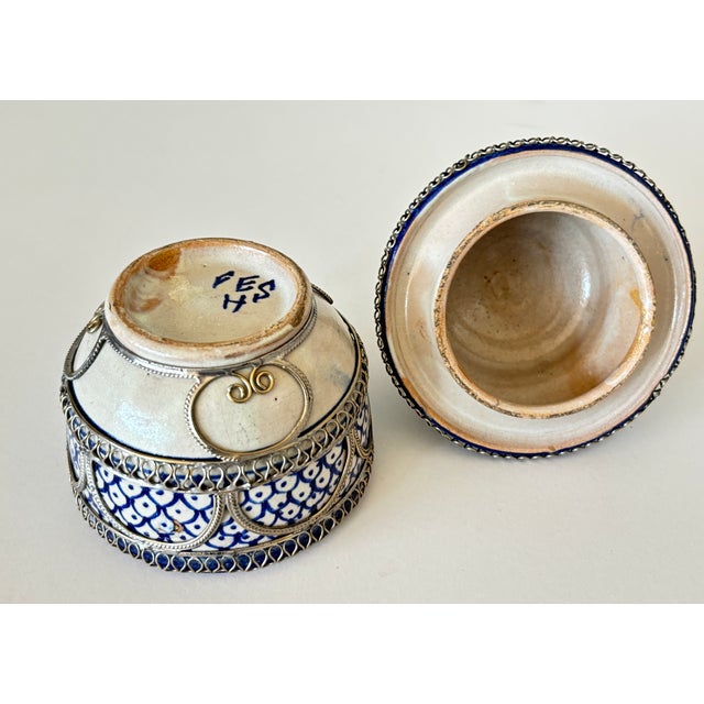 Vintage Moroccan Fez Pottery Lidded Jobbana Jar With Silver Filigree Circa 1980 For Sale - Image 10 of 12