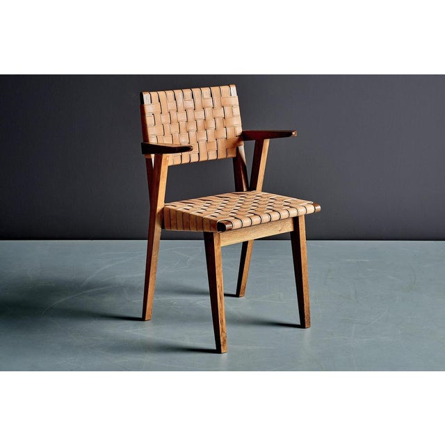 Jens Risom Oak Webbed Chairs in Leather Webbing attributed to Jens Risom, France, 1950s, Set of 10 For Sale - Image 4 of 18