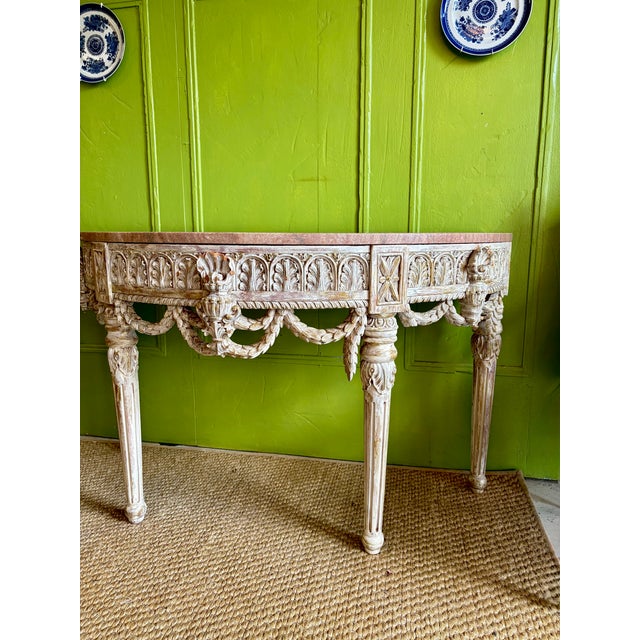 Wood Early 20th Century Neoclassical Carved Demi-Lune With Marble Top - Louis XVI Style For Sale - Image 7 of 12