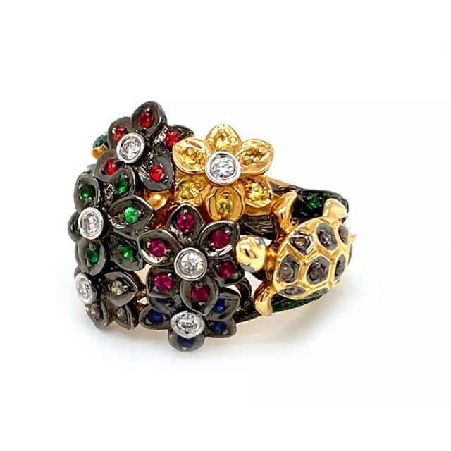 Late 20th Century Diamond & Gems 14k Gold Flowers & Turtle Ring, Size 7 For Sale - Image 5 of 8