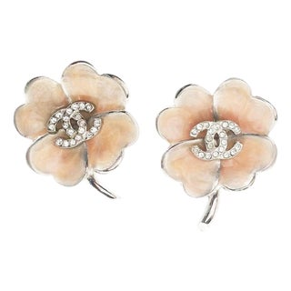 Chanel Silver CC Crystal Pink Enamel Clover Clip on Earrings, Pair For Sale