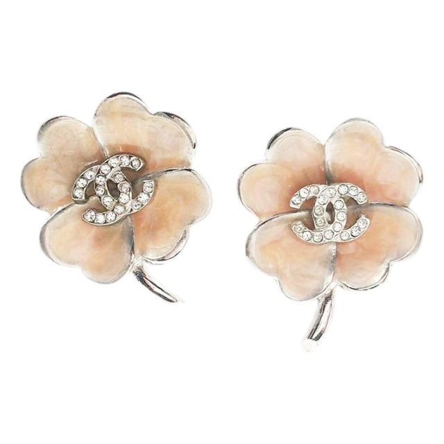 Chanel Silver CC Crystal Pink Enamel Clover Clip on Earrings, Pair For Sale