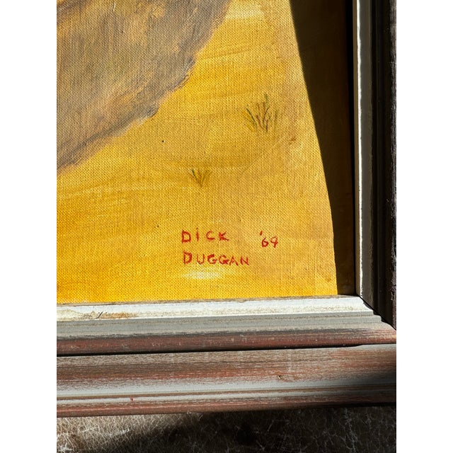 Original mid-century American landscape painting by Dick Duggan, dated 1969, depicting a rural agricultural scene with a...