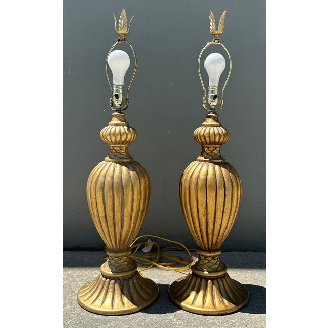 Palatial Italian Lamps Heavy Cast Plaster Gilt Gold Baluster Vase Form Table Lamps - a Pair For Sale - Image 14 of 18
