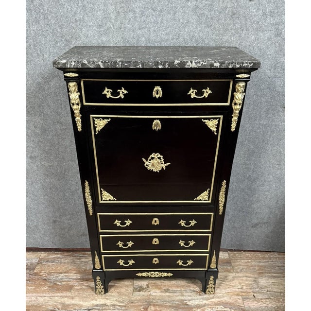 Boulle-Style Secretary Desk in Black Lacquered Wood and Gilt Bronze, Early 19th Century For Sale - Image 6 of 7