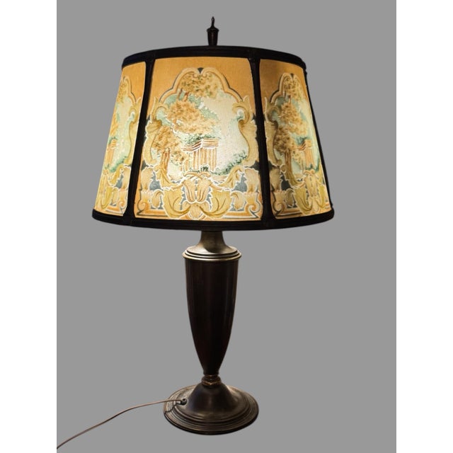 Early 20th Century Arts& Crafts Bradley & Hubbard Table Lamp Reverse Painted Ribbed 6 Panel Scenic Glass Shade For Sale - Image 12 of 12