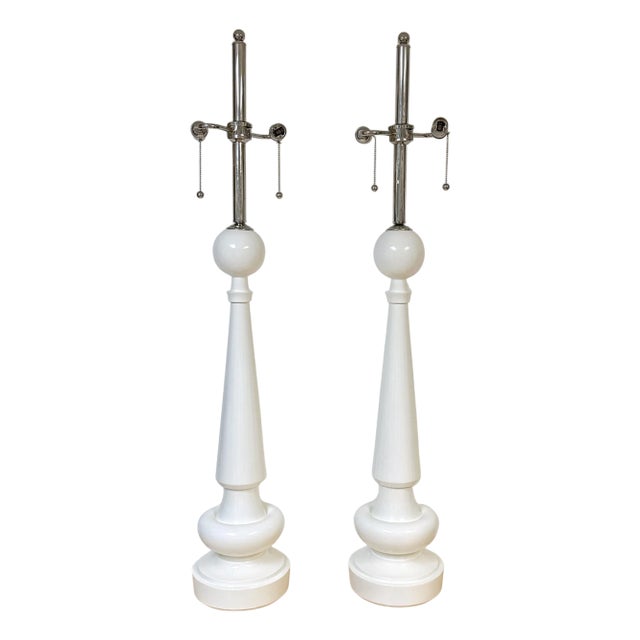 Pair of Monumental Mid-Century White Lacquer and Nickel Sculptural Table Lamps For Sale