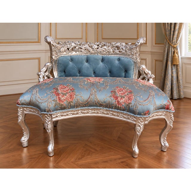 This elegant 1970s French Louis XVI–style settee combines refined neoclassical detailing with a softly luminous antique-...