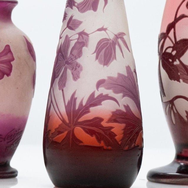 1920s Acid Etched Double Overlay Cameo Vases from Gallé, 1920, Set of 3 For Sale - Image 5 of 13